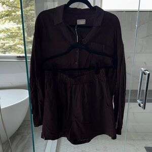 Frank & Oak Dark Brown Linen Button Down Shirt and Shorts Set